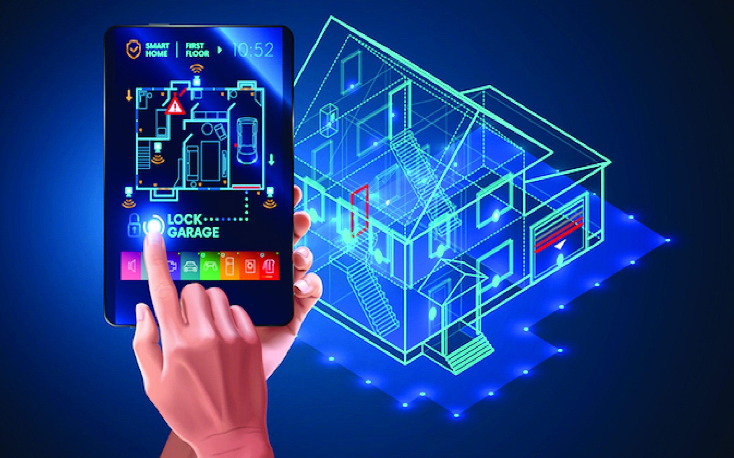 IOT. Smart home system application interface. 3d house plan x-ray. Hand touching on tablet screen. Control locks doors and windows over internet of things with tablet application. Security Home System